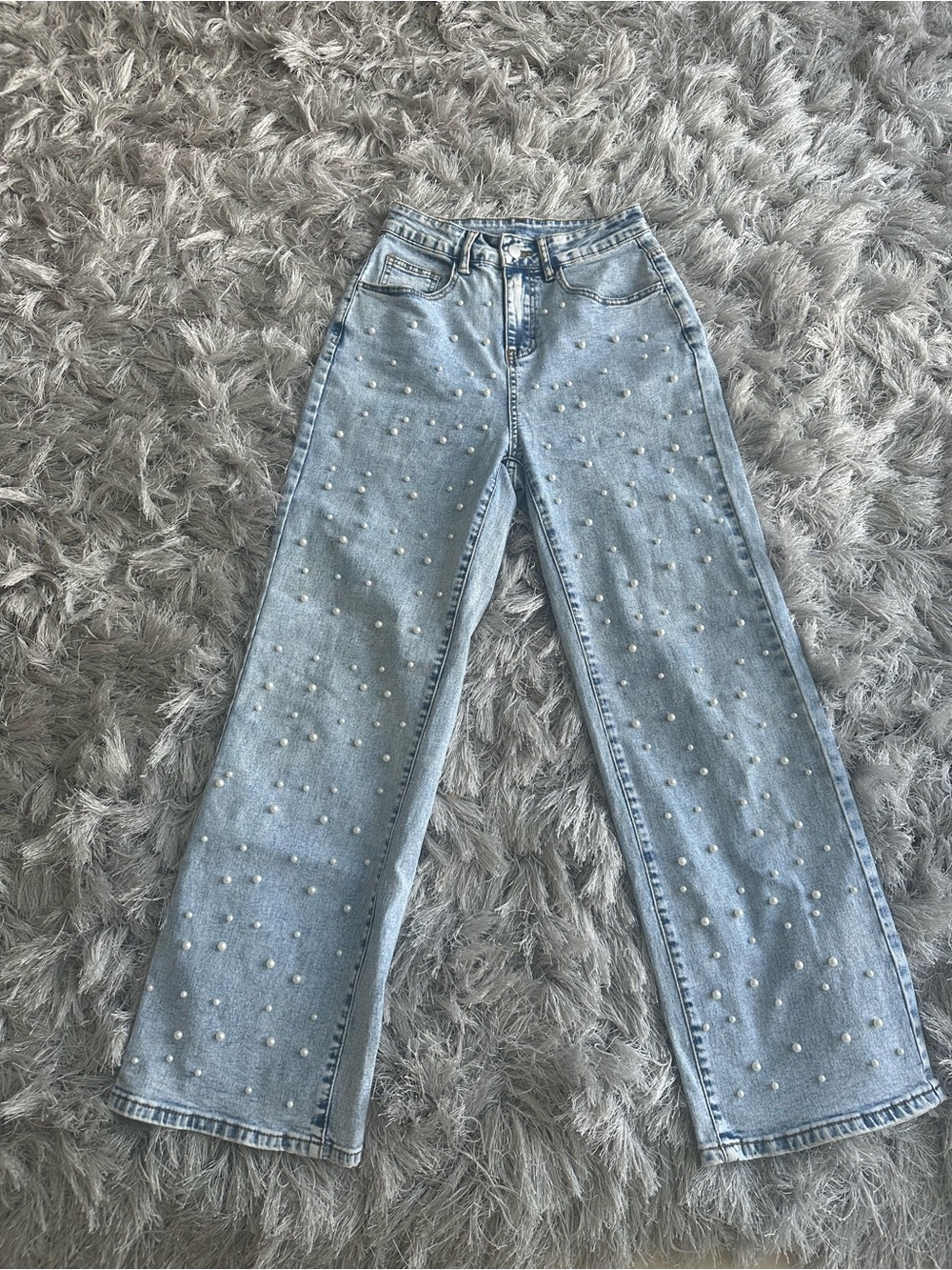 Light Blue Pearl-Studded Wide Leg Jeans
